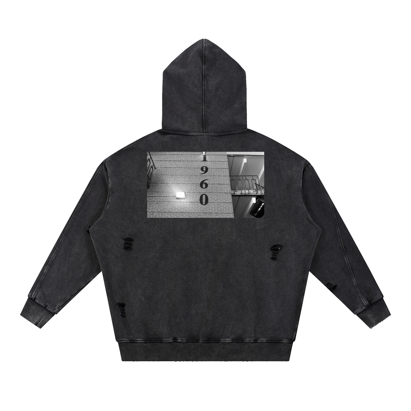 Snow Washed Distressed Panel Pocket Hoodie