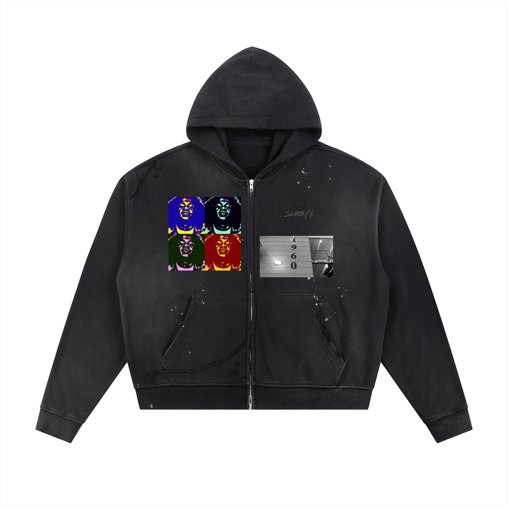 Sun Fade Frayed Raw Edge Fleece Zip Hoodie